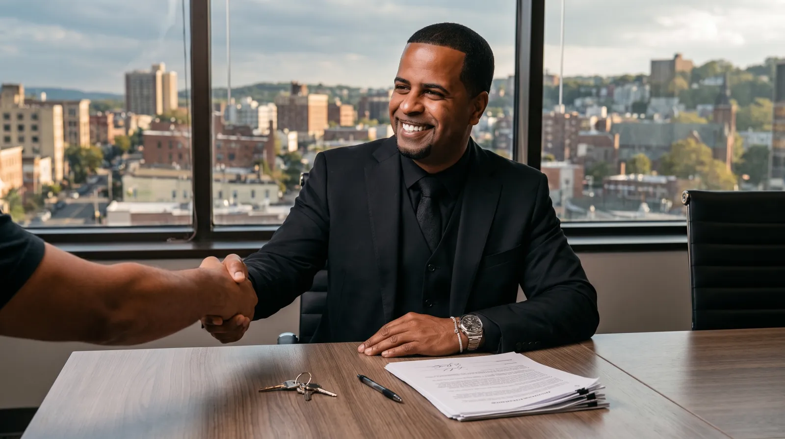 Johnny Rodriguez closing a deal, Paterson skyline behind him