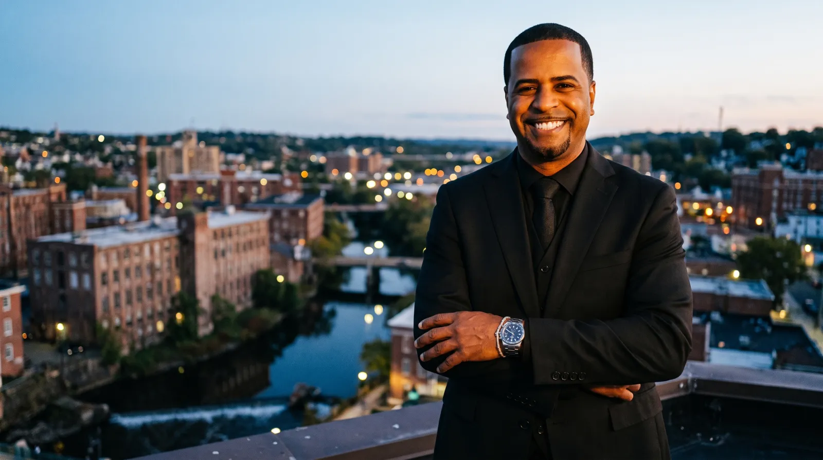 Johnny Rodriguez above the Passaic River mills at dusk